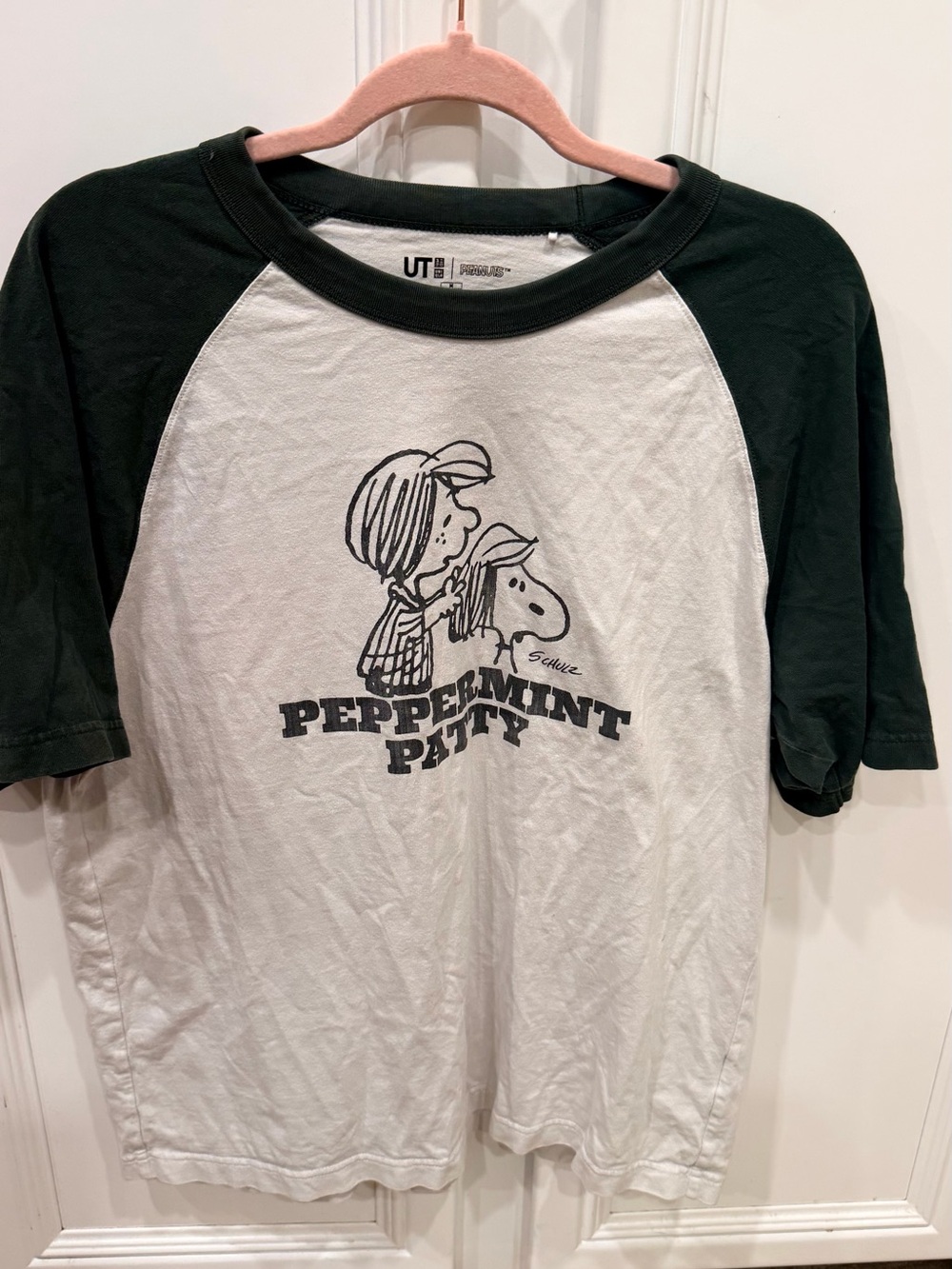 Uniqlo Peanuts Peppermint Patty Raglan Tee - Olive & White